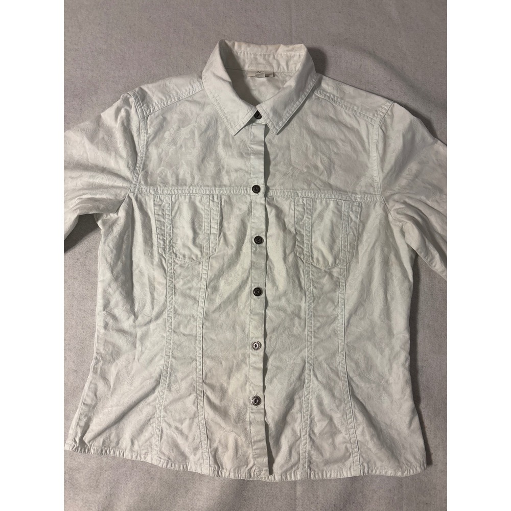 J.Jill Paisley Jacquard Button Down Shirt Womens White Long Sleeve Pock Sz S
